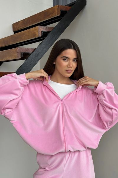 Велюровий костюм (кофта на блискавці з капюшоном та штани вільного крою) Рожевий S/M WKDR-0003 фото