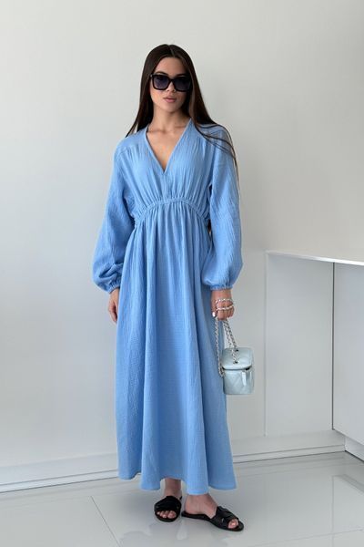 Муслінова сукня максі з довгим рукавом та V-подібним вирізом Блакитний XL/XXL MSMB-0003 фото