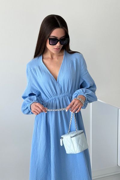 Муслінова сукня максі з довгим рукавом та V-подібним вирізом Блакитний XL/XXL MSMB-0003 фото