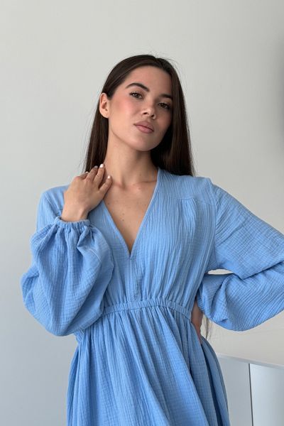 Муслінова сукня максі з довгим рукавом та V-подібним вирізом Блакитний XL/XXL MSMB-0003 фото